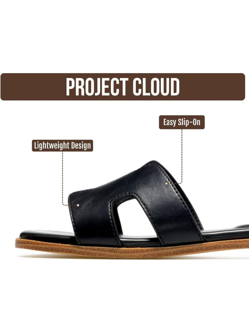 Women's Black Genuine Leather Fashion Flats Memory Foam Insole Slides Sandals - Picture 3 of 6